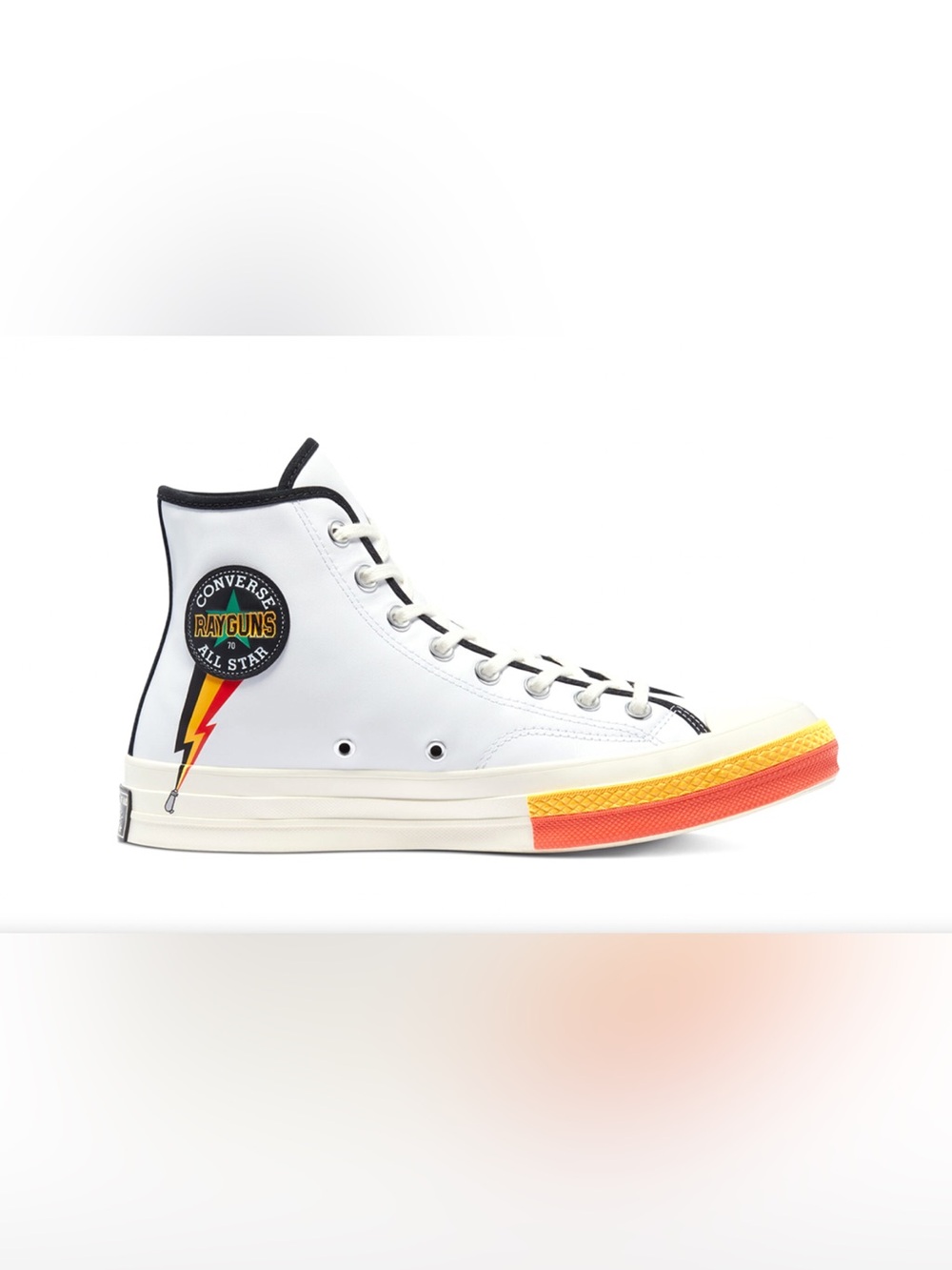 Converse x Ray Guns High Top Sneakers in White with Black & Yellow Accent
